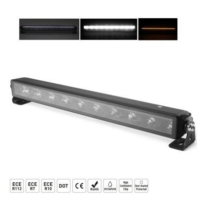 Barra de luz LED preta para veículos com 10 luminárias visíveis e suporte metálico