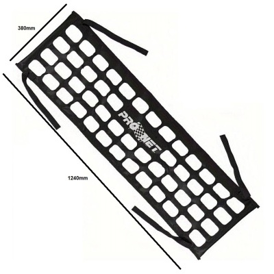 Rede preta com aberturas quadradas e tiras para fixação com texto PHABET