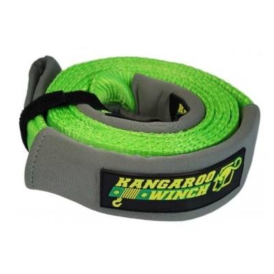 Correia verde com bordas cinzentas para guincho, com etiqueta 'KANGAROO WINCH'
