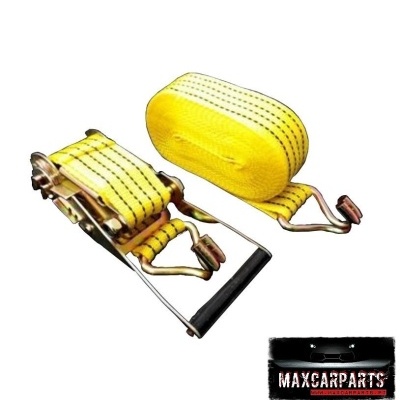 Cinta de elevação amarela com riscas pretas e manípulo metálico com pega preta, com etiqueta MAXCARPARTS