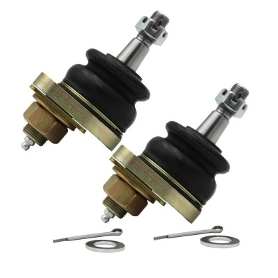 Par de juntas esféricas metálicas com porcas, anilhas e pinos, fundo branco.