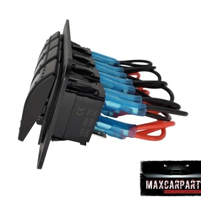 Painel com cinco interruptores basculantes conectados por cabos vermelhos e pretos