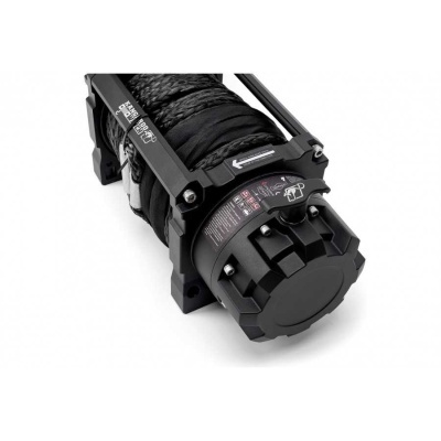 Guincho elétrico preto com cabo trançado e estrutura metálica