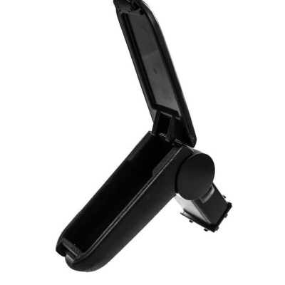 Consola central de carro preta com tampa aberta e compartimento interior