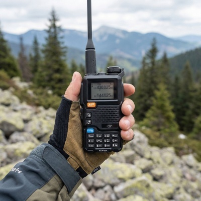 Rádio comunicador preto PNI P16UV com antena segurado por mão com luva em ambiente natural montanhoso