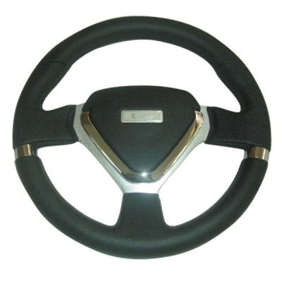 Volante preto com detalhes prateados para automóvel