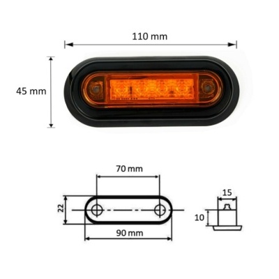 Farol retangular laranja com moldura preta e dimensões técnicas