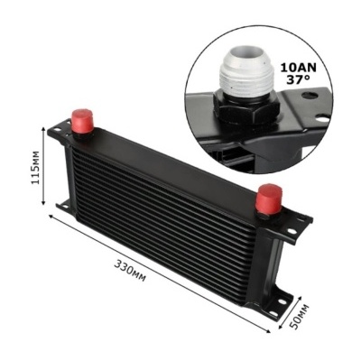 Radiador preto metálico com tampas vermelhas e conector detalhado com texto 10AN 37°.