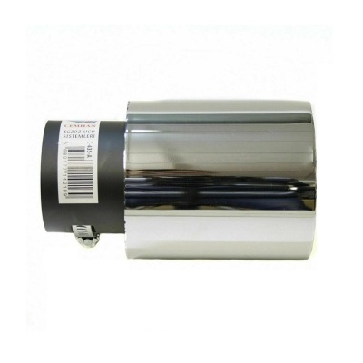 Tubo de escape metálico prateado com etiqueta preta.