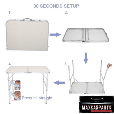 Instruções de montagem de mesa portátil dobrável metálica branca em quatro passos
