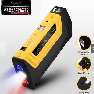 Dispositivo portátil multifunções amarelo e preto com luzes e etiqueta técnica, mostrando funções Emergency Hammer, Start Engine, Safety Knife.