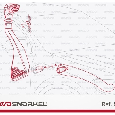 Desenho técnico de snorkel automóvel em fundo branco com textos da marca e referência do produto.