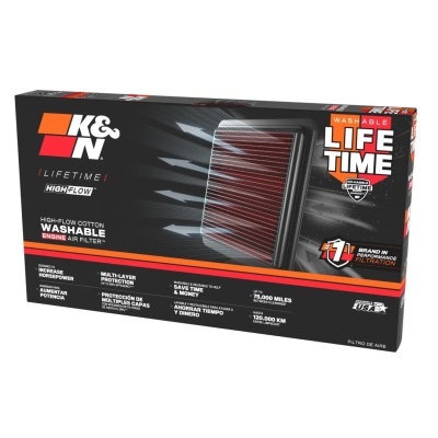 Caixa preta de filtro de ar para motor K&N com texto em branco e laranja