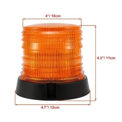 Luz de aviso laranja com base preta e dimensões indicadas