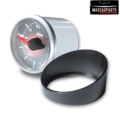 Manómetro automóvel prateado e preto com suporte preto