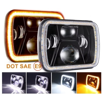 Faróis quadrados LED para automóvel com luz diurna branca e âmbar