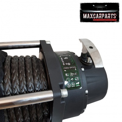 Guincho elétrico com cabo de fibra trançada e etiqueta verde, fundo branco, logótipo MAXCARPARTS