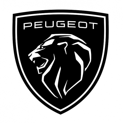 Emblema preto e branco Peugeot com leão estilizado sobre escudo