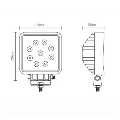 Desenho técnico de farol quadrado com nove LEDs e medidas