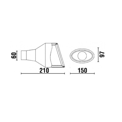 Desenho técnico com dimensões de objeto oval e retangular em milímetros.