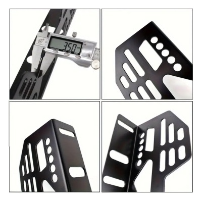 Suporte de metal preto com múltiplas aberturas, mostrado em várias vistas