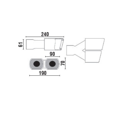 Desenho técnico com medidas de um componente mecânico de duas saídas retangulares.