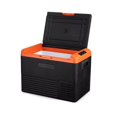 Garrafeira portátil preta e laranja com tampa aberta