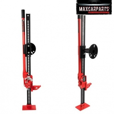 Suporte elevatório manual metálico vermelho e preto para veículos.