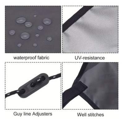 tecido impermeável cinzento com gotas de água e detalhes de ajustadores e costuras pretas