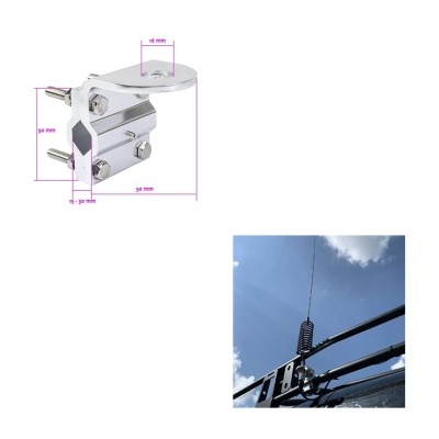 Suporte metálico prateado com parafusos e uma mola com antena montada em estrutura preta ao ar livre
