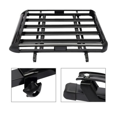 Suporte de bagageira de carro preto com barras horizontais e acessórios de fixação