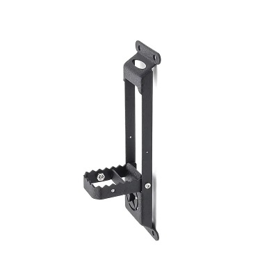 Suporte metálico preto em forma de L com base dentada