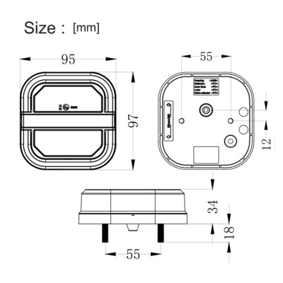 Desenho técnico de dispositivo quadrado com dimensões em milímetros