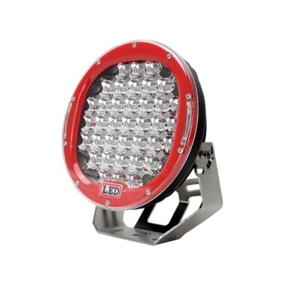 Farol redondo LED com aro vermelho e suporte metálico