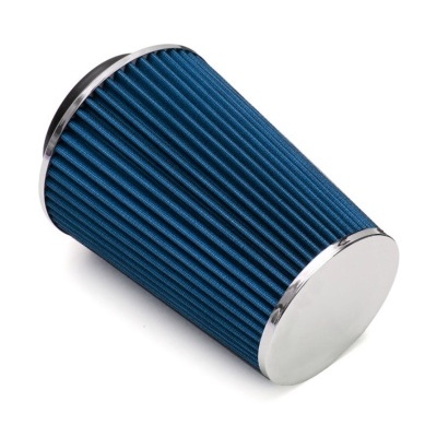 Filtro de ar cónico azul com extremidades metálicas prateadas