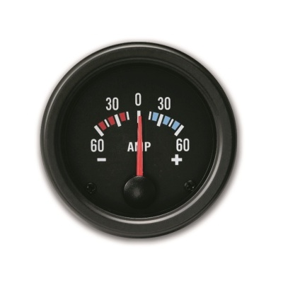 Ampémetro circular preto com ponteiro vermelho e gradação em amperes