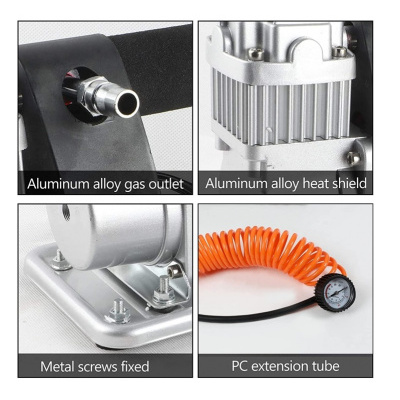 Detalhes do compressor mostrando saída de gás, proteção de calor, parafusos e tubo de extensão com medidor de pressão