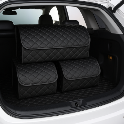 Caixas organizadoras pretas em padrão matelassê no porta-malas de carro.