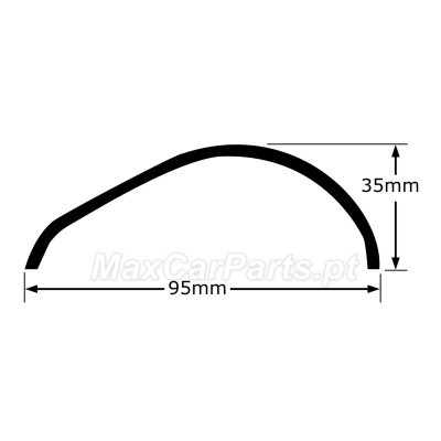 Perfil de borracha curva preta com dimensões 95mm x 35mm e texto MaxCarParts.pt