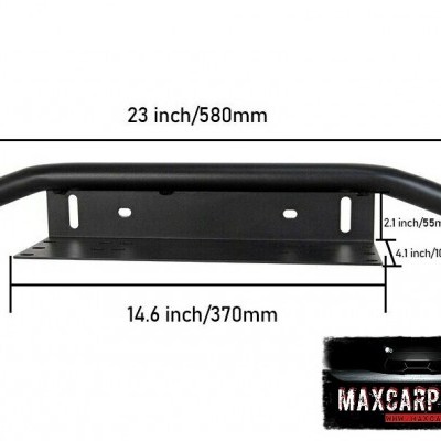Suporte de metal preto com dimensões e logo MAXCARPARTS