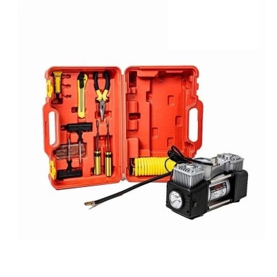 conjunto de ferramentas em estojo vermelho com compressor de ar prateado