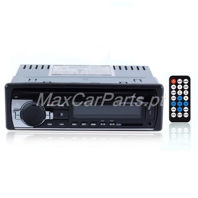 Aparelho de rádio automóvel preto com visor digital e comando remoto.