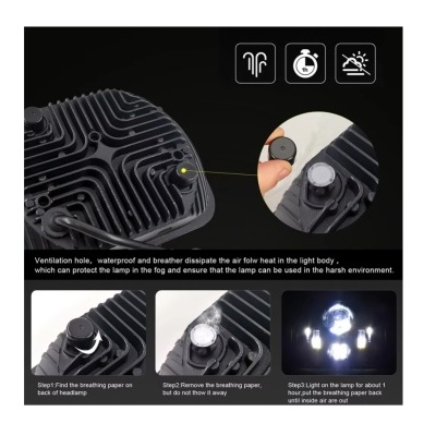 Farol preto com ventilação e botão destacável com instruções em inglês