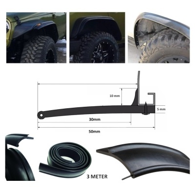 Arqueador de para-lamas preto para veículos com fita de borracha e desenho técnico das medidas