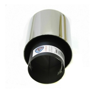 Ponteira de escape cromada com interior preto e etiqueta