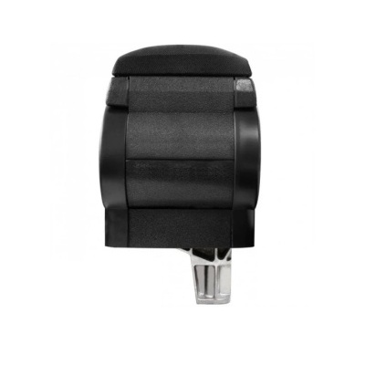 Apoio de braço preto para carro em tecido e plástico com base em metal.