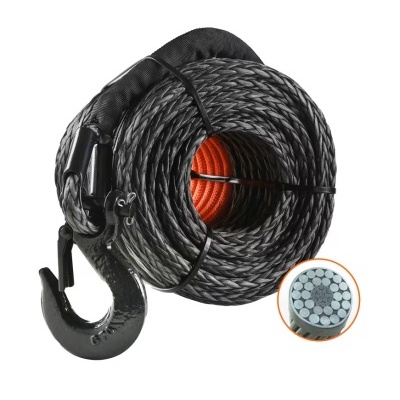 Cabo têxtil cinza com gancho metálico preto e secção transversal mostrada