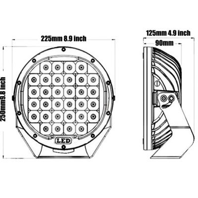 Luz LED redonda com múltiplos LEDs e medidas técnicas