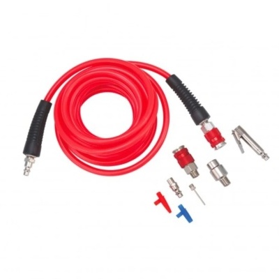 Kit de mangueira de ar comprimido vermelho com conexões e acessórios metálicos