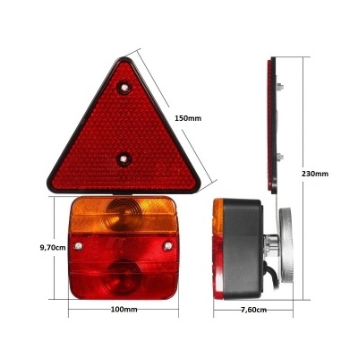 Conjunto de luz traseira para veículos com triângulo reflector vermelho e lanterna quadrada amarela e vermelha com medidas.